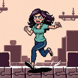 Create a pixel art sprite of a woman running scared in the style of a platformer game