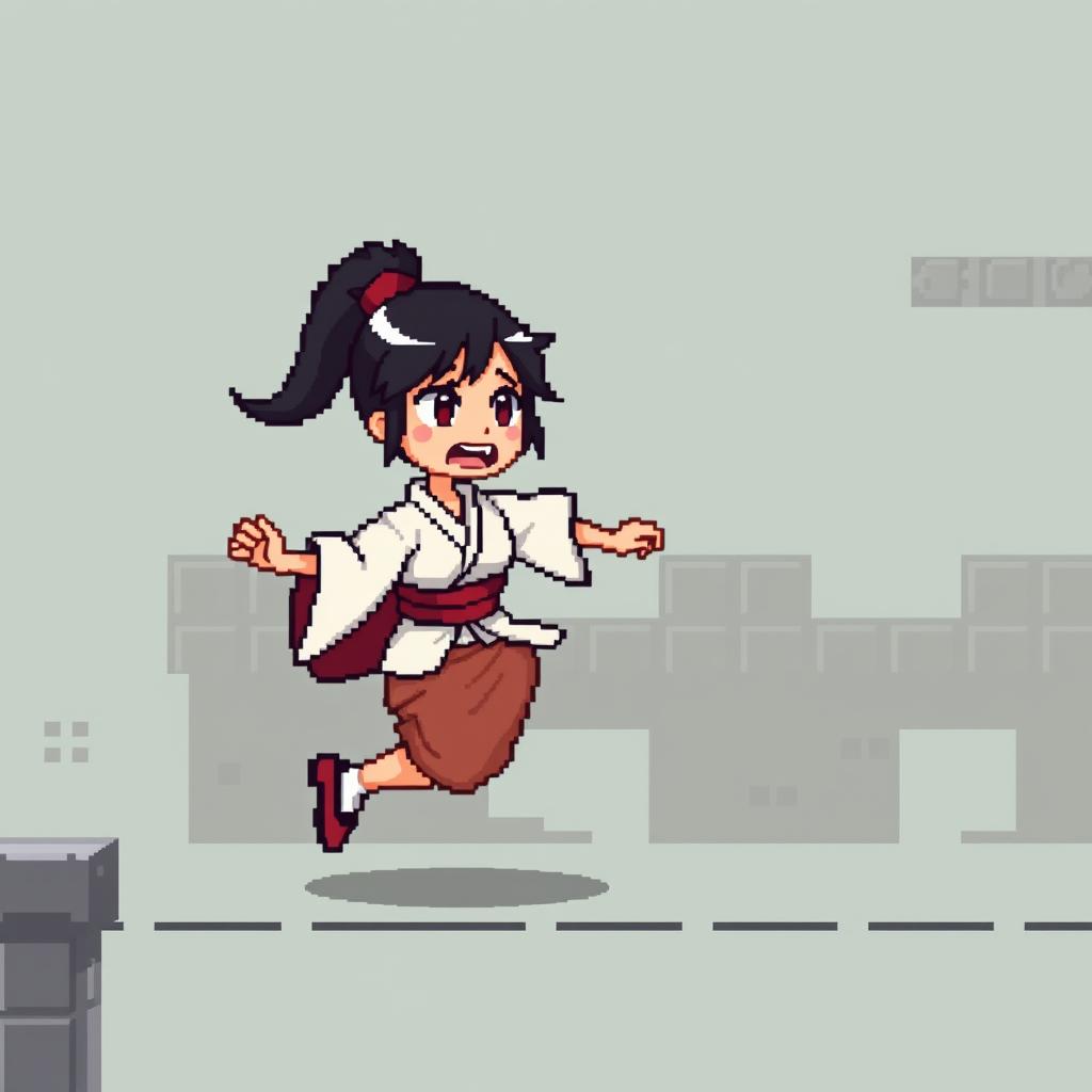 Create a pixel art sprite of a Japanese woman running scared in the style of a platformer game