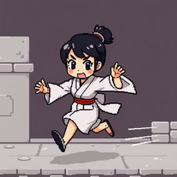 Create a pixel art sprite of a Japanese woman running scared in the style of a platformer game