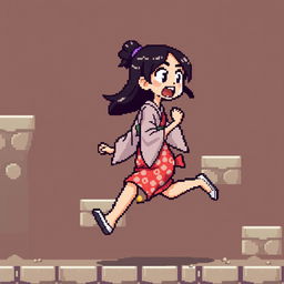 Create a pixel art sprite of a Japanese woman running scared in the style of a platformer game