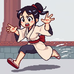 Create a pixel art sprite of a Japanese woman running scared in the style of a platformer game