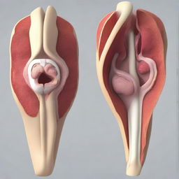 Generate a detailed educational image of the female genitalia for anatomy purposes, showing all parts clearly