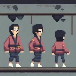 Create a pixel art sprite of a Japanese man running scared in the style of a platformer game