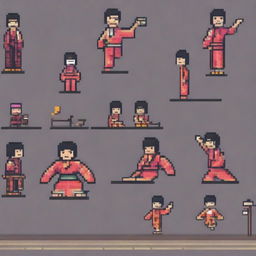 Create a pixel art sprite of a Japanese man running scared in the style of a platformer game