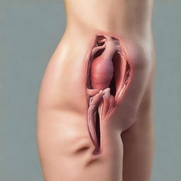 Create an educational image featuring a beautiful young woman explicitly showing her genitalia for anatomy study purposes