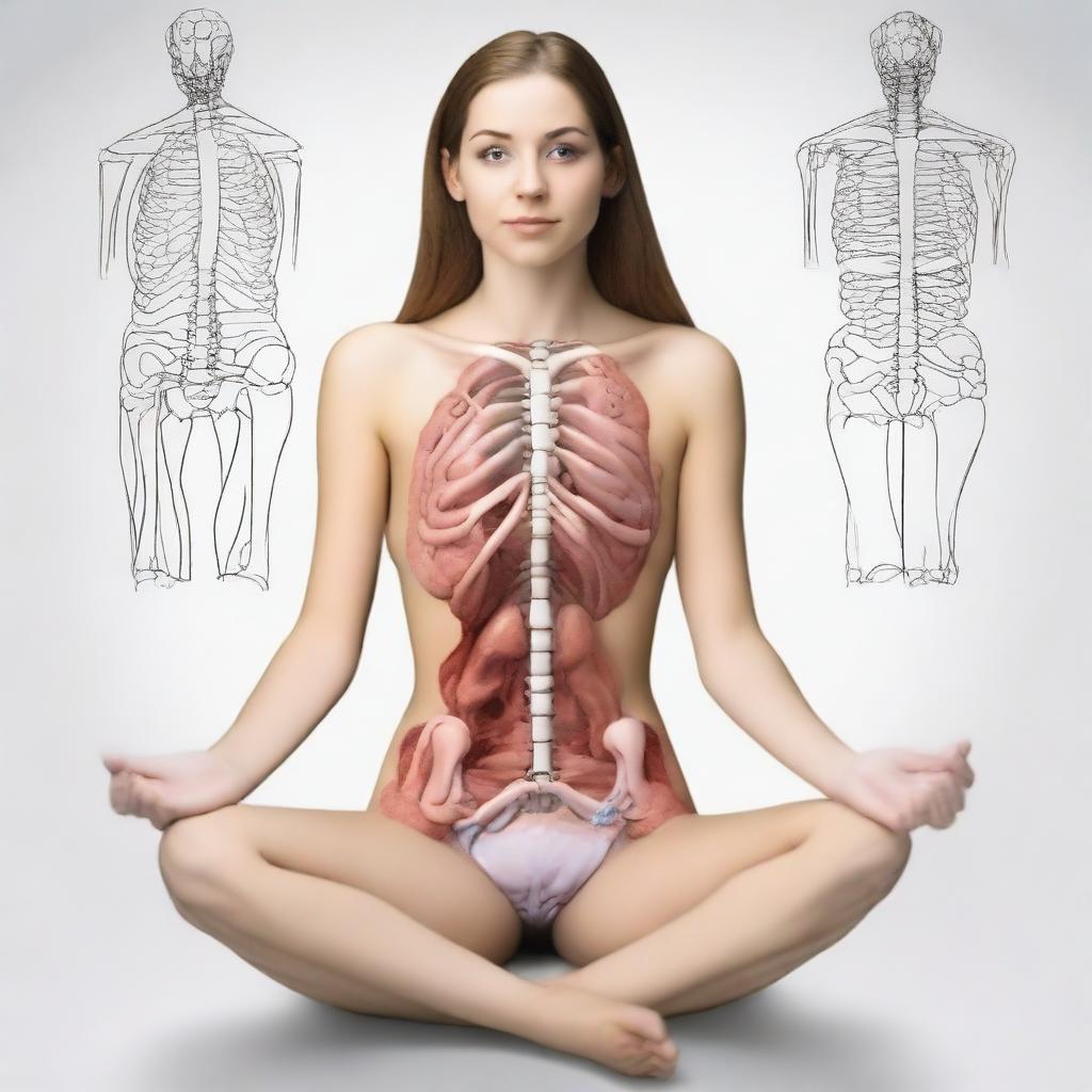 Create an educational image of a woman sitting with her legs spread for anatomy study purposes