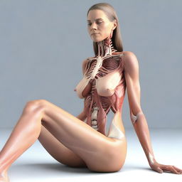 Create an educational image of a woman sitting with her legs spread for anatomy study purposes