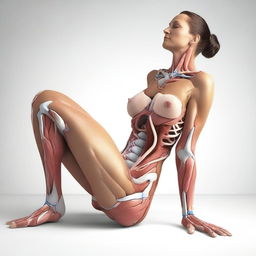 Create an educational image of a woman sitting with her legs spread for anatomy study purposes