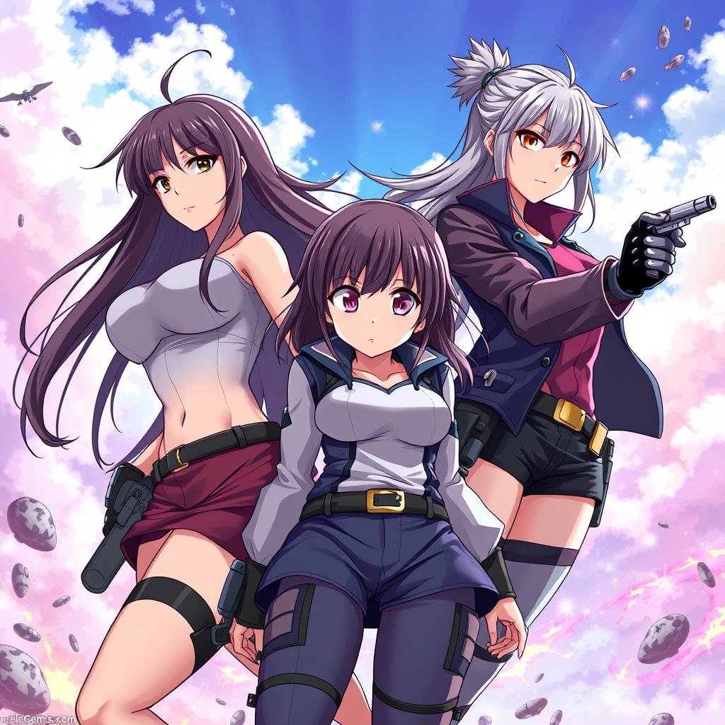 Create an anime-style image featuring mature female characters with exaggerated proportions