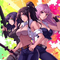 Create an anime-style image featuring mature female characters with exaggerated proportions