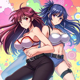 Create an anime-style image featuring mature female characters with exaggerated proportions