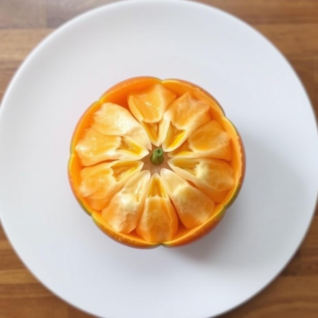 Create an image of a whole, peeled mandarin viewed from the top