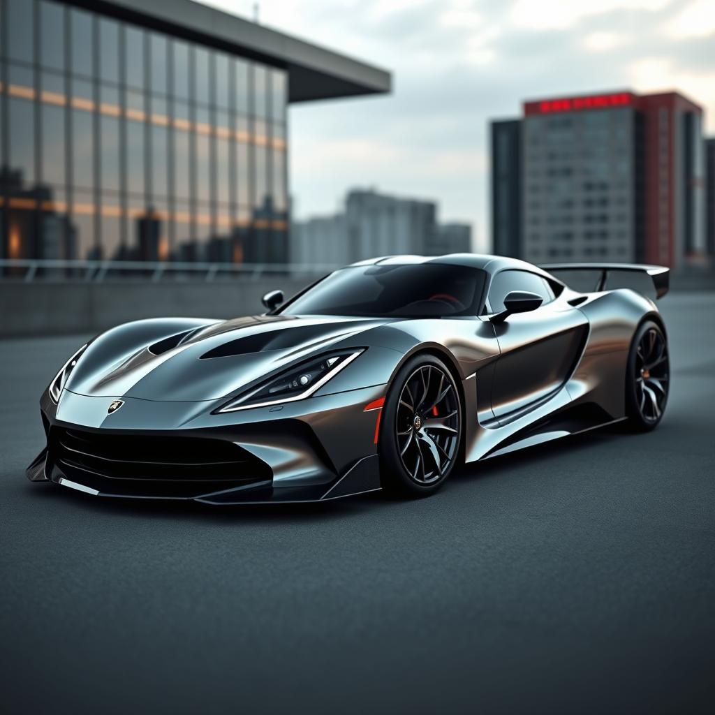 A sleek and futuristic car combining the design elements of a Dodge Viper and a Lamborghini Sesto Elemento