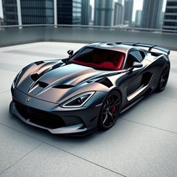 A sleek and futuristic car combining the design elements of a Dodge Viper and a Lamborghini Sesto Elemento