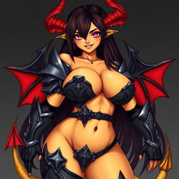 A mature demon-girl with yellow skin, long dark brown hair, and pink eyes