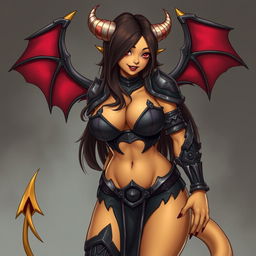 A mature demon-girl with yellow skin, long dark brown hair, and pink eyes