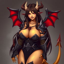 A mature demon-girl with yellow skin, long dark brown hair, and pink eyes