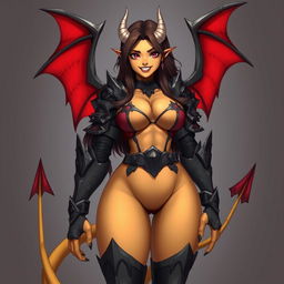 A mature demon-girl with yellow skin, long dark brown hair, and pink eyes