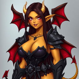 A mature demon-girl with yellow skin, long dark brown hair, and pink eyes