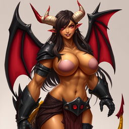 A mature demon-girl with yellow skin, long dark brown hair, and pink eyes