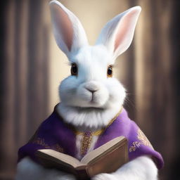 A highly detailed and realistic portrait of a young, beautiful female rabbit with purple eyes and white and orange fur