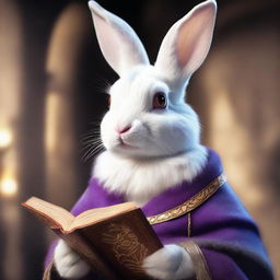 A highly detailed and realistic portrait of a young, beautiful female rabbit with purple eyes and white and orange fur