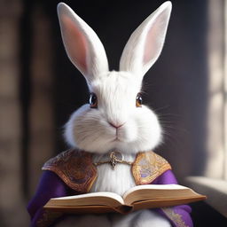 A highly detailed and realistic portrait of a young, beautiful female rabbit with purple eyes and white and orange fur