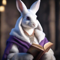 A highly detailed and realistic portrait of a young, beautiful rabbit-woman with purple eyes and white and orange fur