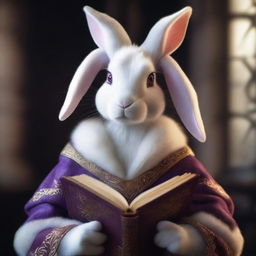 A highly detailed and realistic portrait of a young, beautiful rabbit-woman with purple eyes and white and orange fur