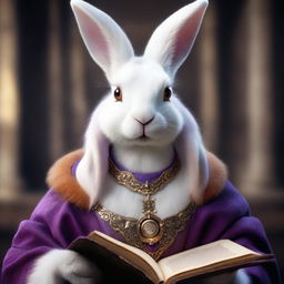 A highly detailed and realistic portrait of a young, beautiful rabbit-woman with purple eyes and white and orange fur