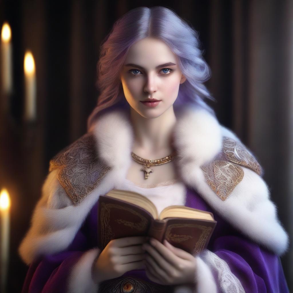 A highly detailed and realistic portrait of a young, beautiful female herengon with purple eyes and white and orange fur