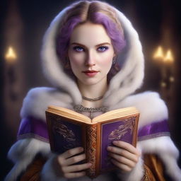 A highly detailed and realistic portrait of a young, beautiful female herengon with purple eyes and white and orange fur