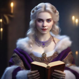 A highly detailed and realistic portrait of a young, beautiful female herengon with purple eyes and white and orange fur