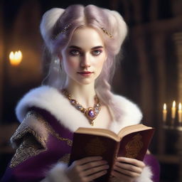 A highly detailed and realistic portrait of a young, beautiful female herengon with purple eyes and white and orange fur