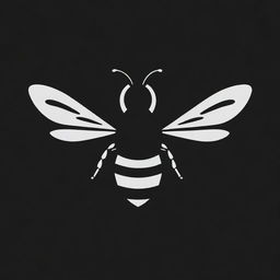 A minimalist, stylized drawing of a bee, rendered in a solid black color