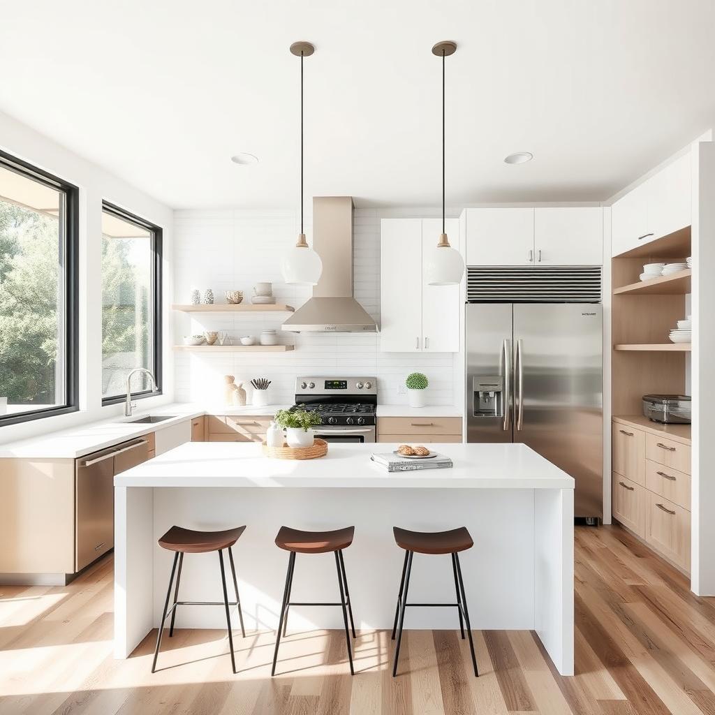 Create a modern kitchen design with sleek countertops, stainless steel appliances, and ample storage