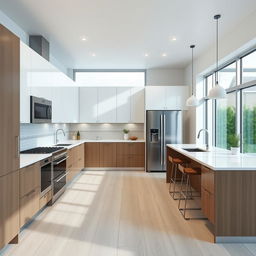 Create a modern kitchen design with sleek countertops, stainless steel appliances, and ample storage