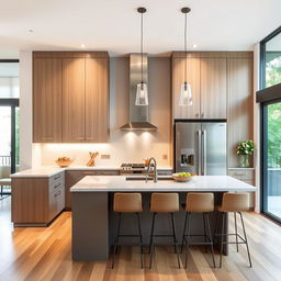 Create a modern kitchen design with sleek countertops, stainless steel appliances, and ample storage