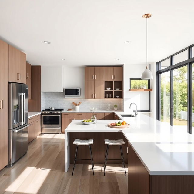 Create a modern kitchen design with sleek countertops, stainless steel appliances, and ample storage