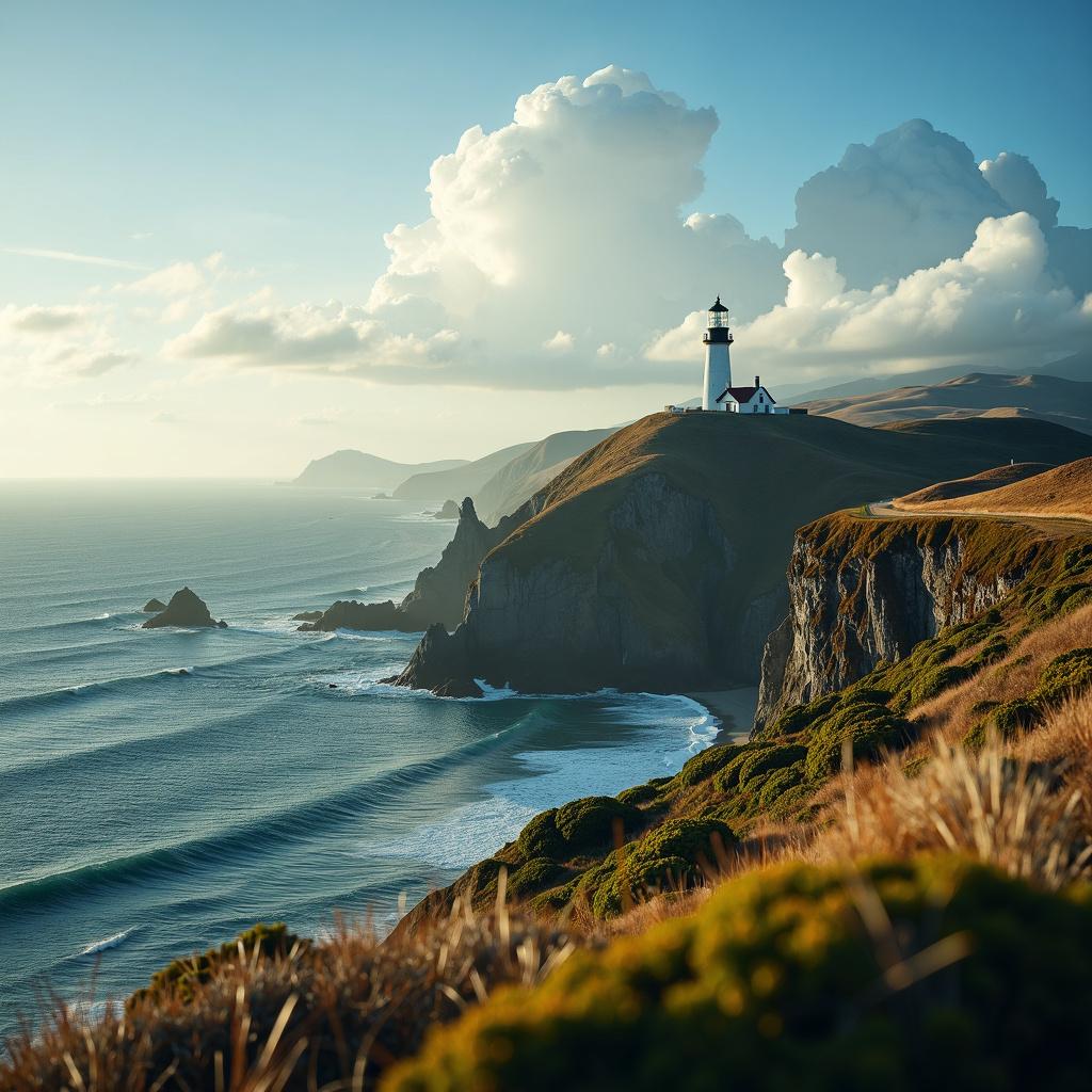 A serene landscape with a lighthouse atop a cliff, rolling hills in the background, and the vast ocean before it