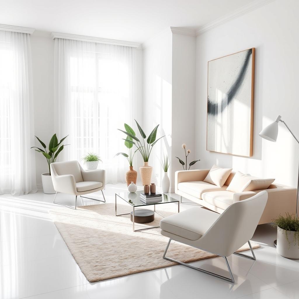 The image depicts a modern, stylish room with white walls and flooring