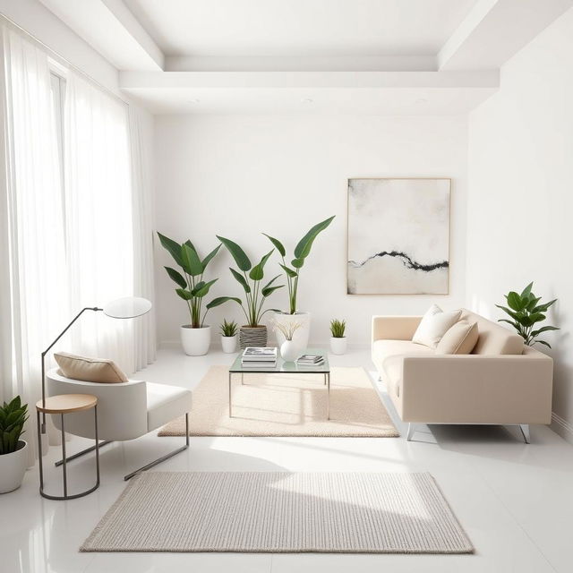 The image depicts a modern, stylish room with white walls and flooring