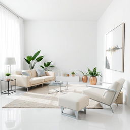 The image depicts a modern, stylish room with white walls and flooring