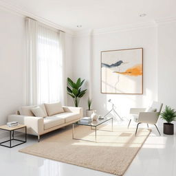 The image depicts a modern, stylish room with white walls and flooring