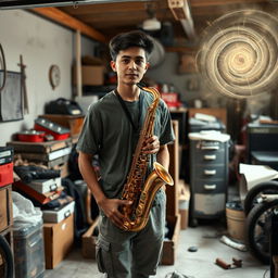 An 18-year-old named Denzel Mateo Keller stands in a cluttered garage, wearing a t-shirt and pants