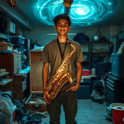 An 18-year-old named Denzel Mateo Keller stands in a cluttered garage, wearing a t-shirt and pants