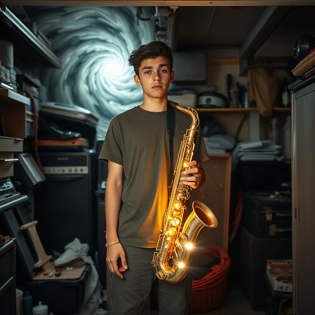 An 18-year-old named Denzel Mateo Keller stands in a cluttered garage, wearing a t-shirt and pants