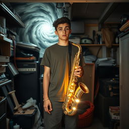 An 18-year-old named Denzel Mateo Keller stands in a cluttered garage, wearing a t-shirt and pants