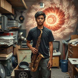 An 18-year-old named Denzel Mateo Keller stands in a cluttered garage, wearing a t-shirt and pants