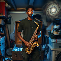 An 18-year-old Black male named Denzel Mateo Keller stands in a cluttered garage, wearing a t-shirt and pants